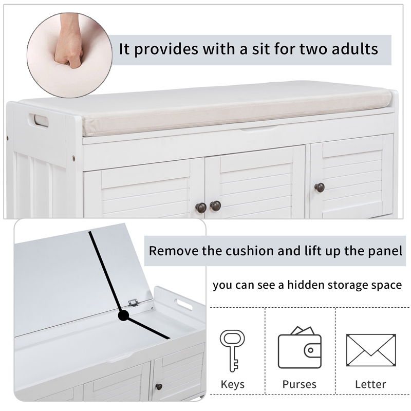 Wood Storage Bench with Removable Cushion and 3 Shutter-Shaped Doors (White)