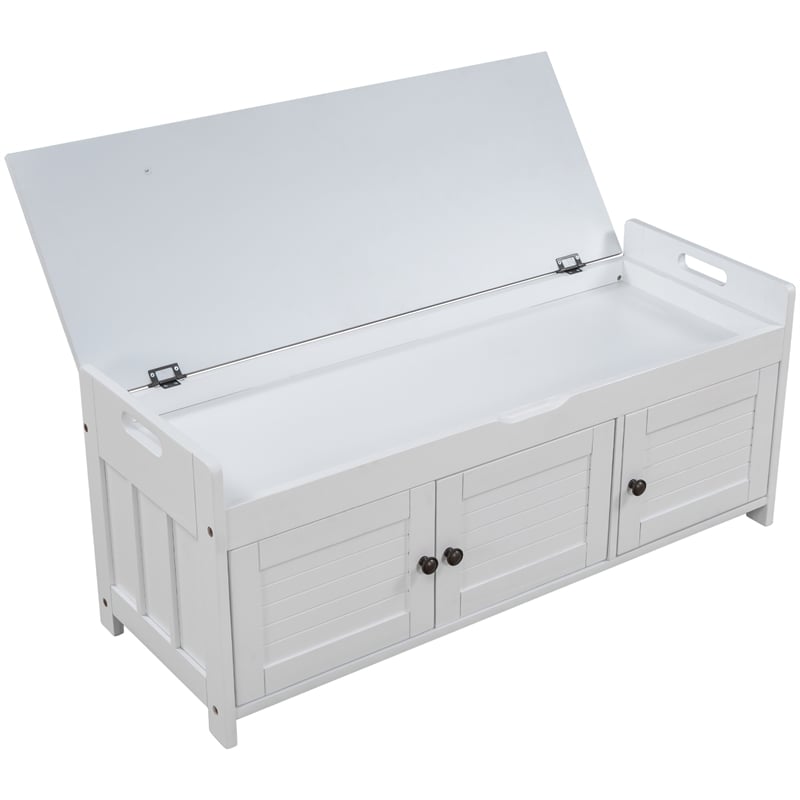 Wood Storage Bench with Removable Cushion and 3 Shutter-Shaped Doors (White)