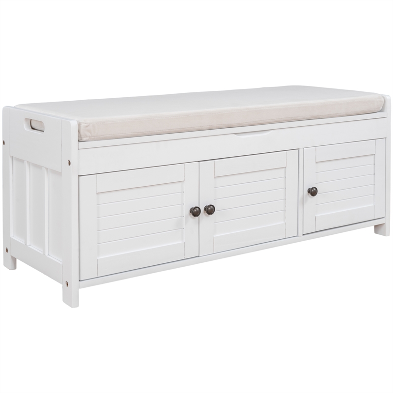 Wood Storage Bench with Removable Cushion and 3 Shutter-Shaped Doors (White)
