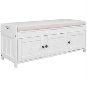 Wood Storage Bench with Removable Cushion and 3 Shutter-Shaped Doors (White)