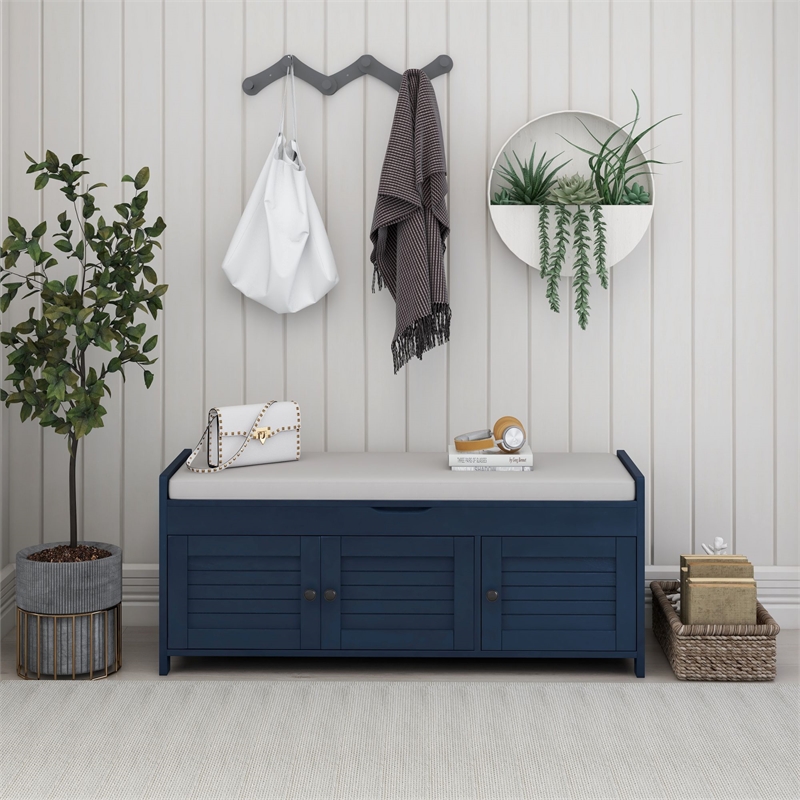 Wood Storage Bench with Removable Cushion and 3 Shutter-Shaped Doors (Navy)