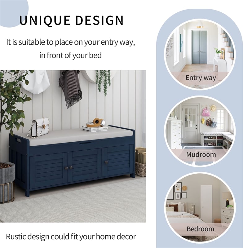 Wood Storage Bench with Removable Cushion and 3 Shutter-Shaped Doors (Navy)
