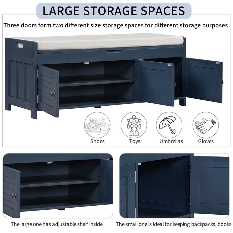 Wood Storage Bench with Removable Cushion and 3 Shutter-Shaped Doors (Navy)