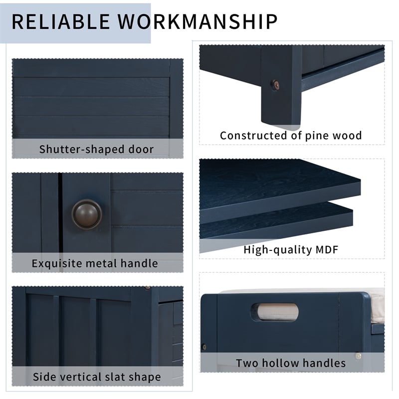 Wood Storage Bench with Removable Cushion and 3 Shutter-Shaped Doors (Navy)