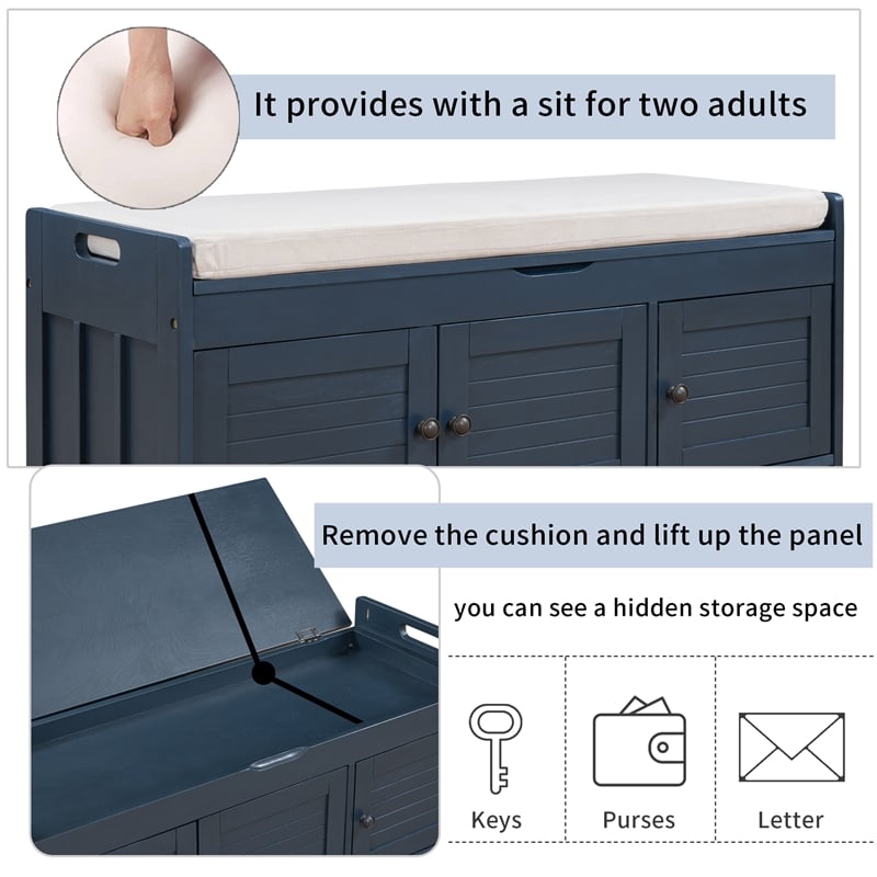 Wood Storage Bench with Removable Cushion and 3 Shutter-Shaped Doors (Navy)