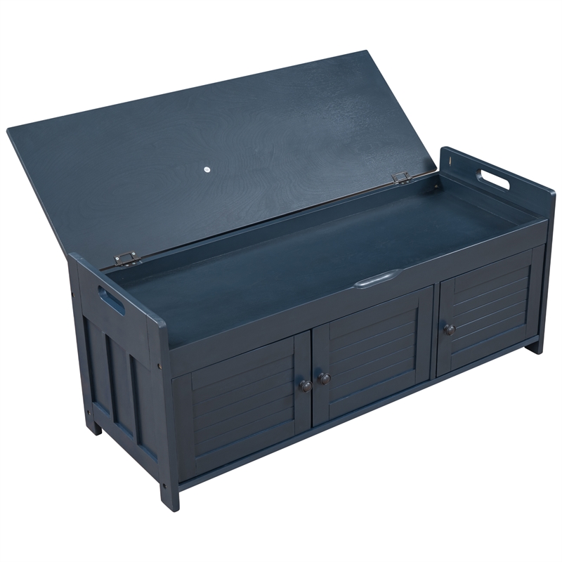Wood Storage Bench with Removable Cushion and 3 Shutter-Shaped Doors (Navy)