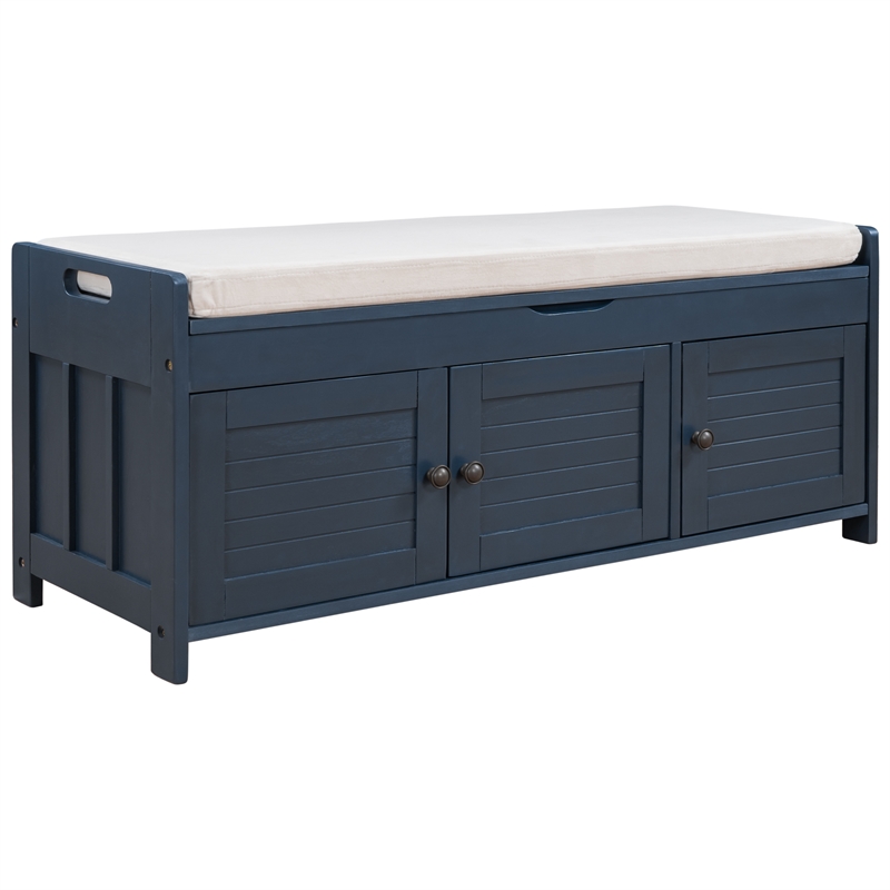 Wood Storage Bench with Removable Cushion and 3 Shutter-Shaped Doors (Navy)