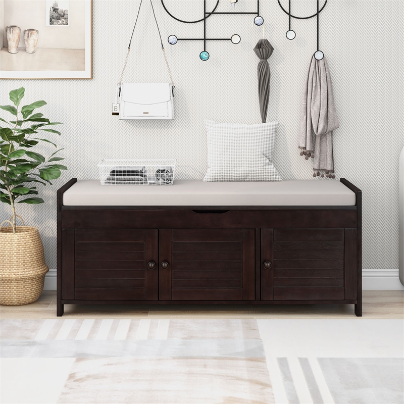 Wood Storage Bench with Removable Cushion and 3 Shutter-Shaped Doors (Espresso)