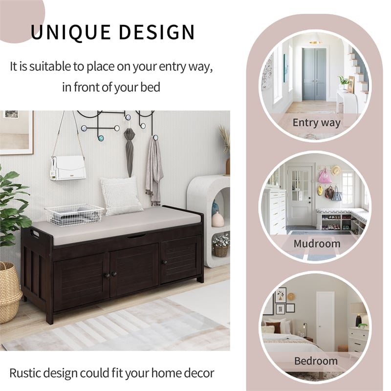 Wood Storage Bench with Removable Cushion and 3 Shutter-Shaped Doors (Espresso)
