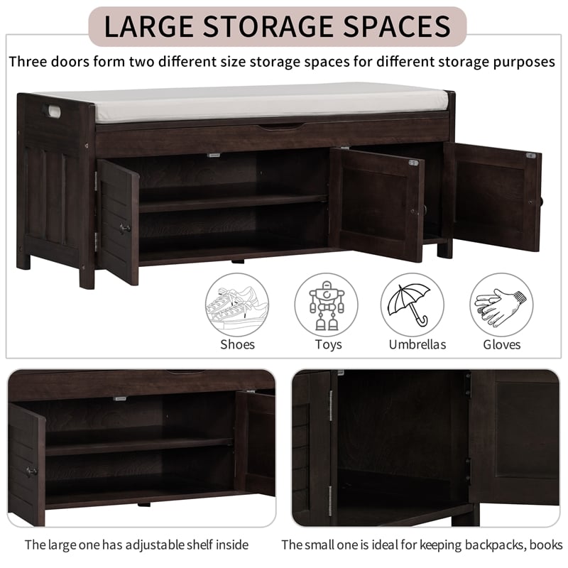 Wood Storage Bench with Removable Cushion and 3 Shutter-Shaped Doors (Espresso)
