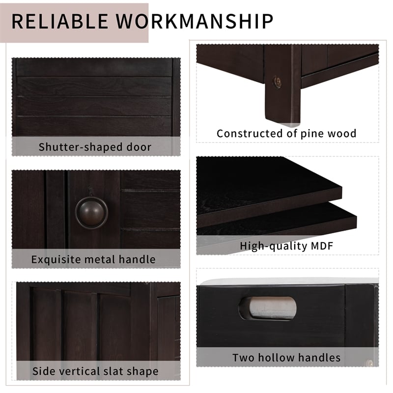 Wood Storage Bench with Removable Cushion and 3 Shutter-Shaped Doors (Espresso)