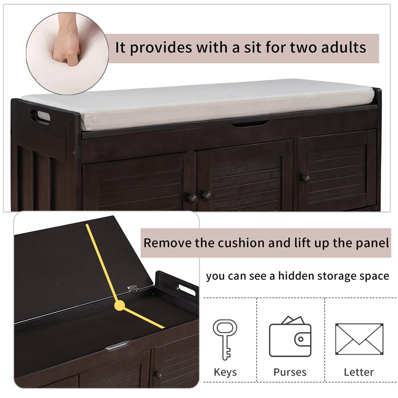 Wood Storage Bench with Removable Cushion and 3 Shutter-Shaped Doors (Espresso)