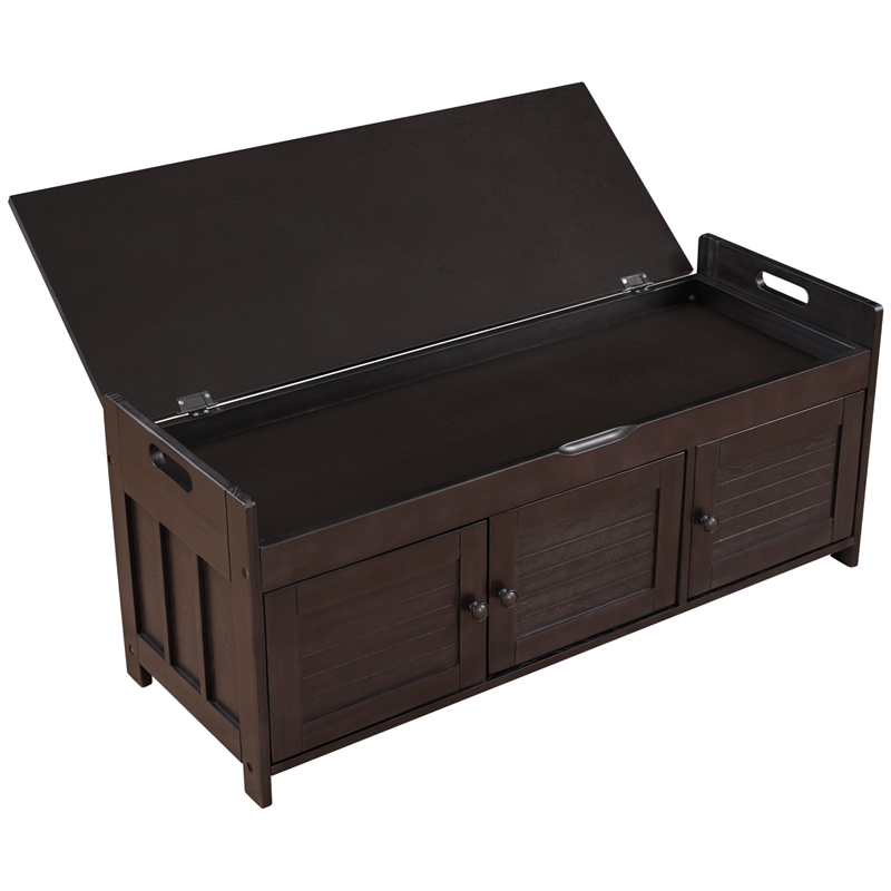 Wood Storage Bench with Removable Cushion and 3 Shutter-Shaped Doors (Espresso)