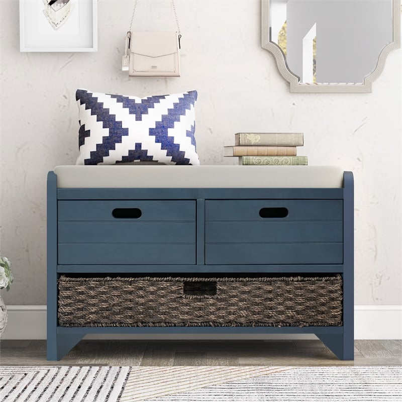 Direct Wicker TREXM 2-Drawer Storage Bench with Removable Basket - Navy