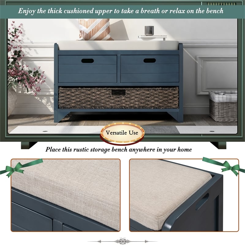 Direct Wicker TREXM 2-Drawer Storage Bench with Removable Basket - Navy