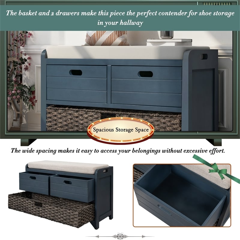 Direct Wicker TREXM 2-Drawer Storage Bench with Removable Basket - Navy