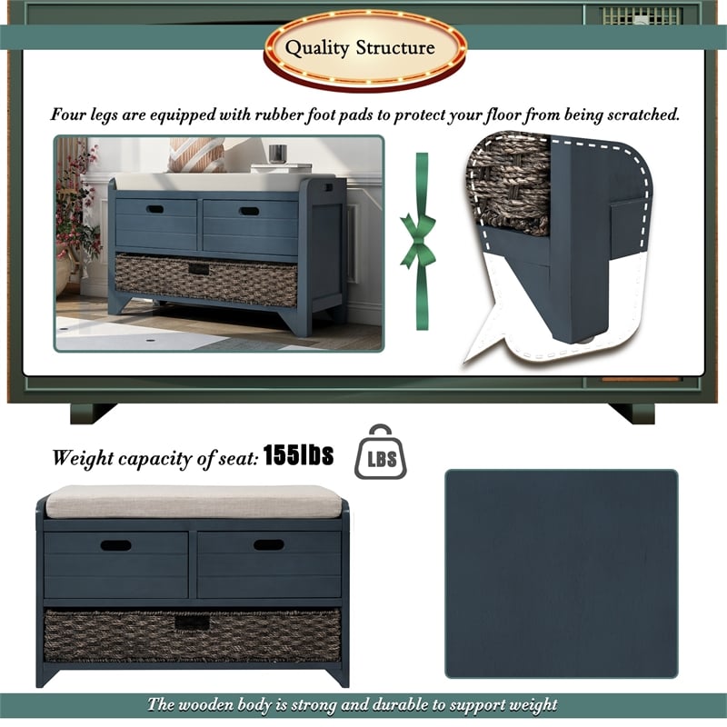 Direct Wicker TREXM 2-Drawer Storage Bench with Removable Basket - Navy