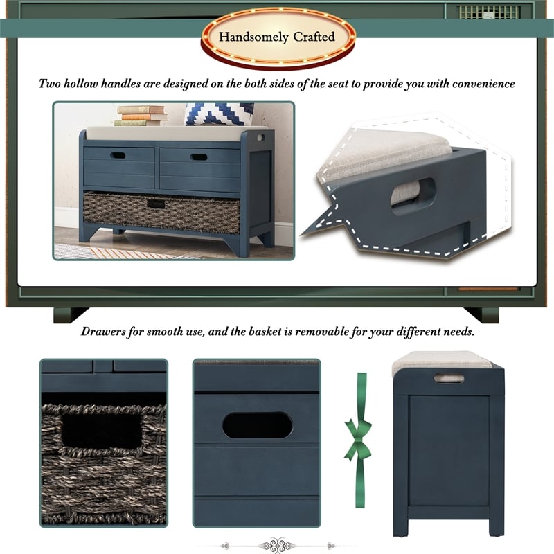 Direct Wicker TREXM 2-Drawer Storage Bench with Removable Basket - Navy