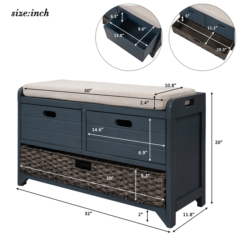 Direct Wicker TREXM 2-Drawer Storage Bench with Removable Basket - Navy