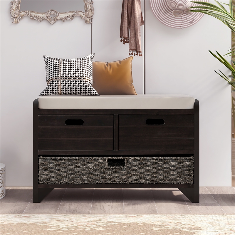 Direct Wicker TREXM 2-Drawer Storage Bench with Removable Basket - Espresso