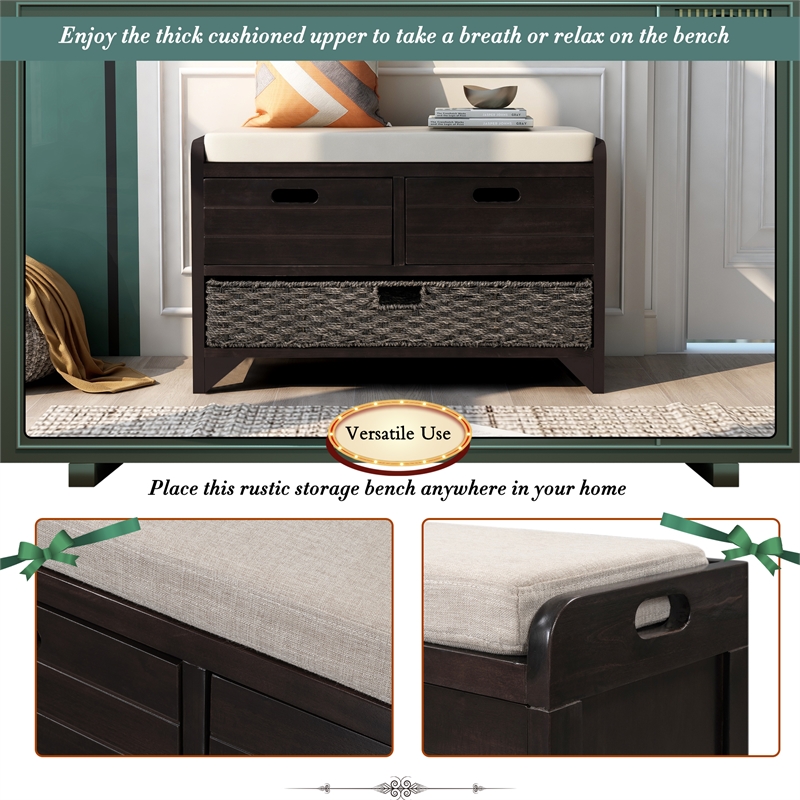 Direct Wicker TREXM 2-Drawer Storage Bench with Removable Basket - Espresso
