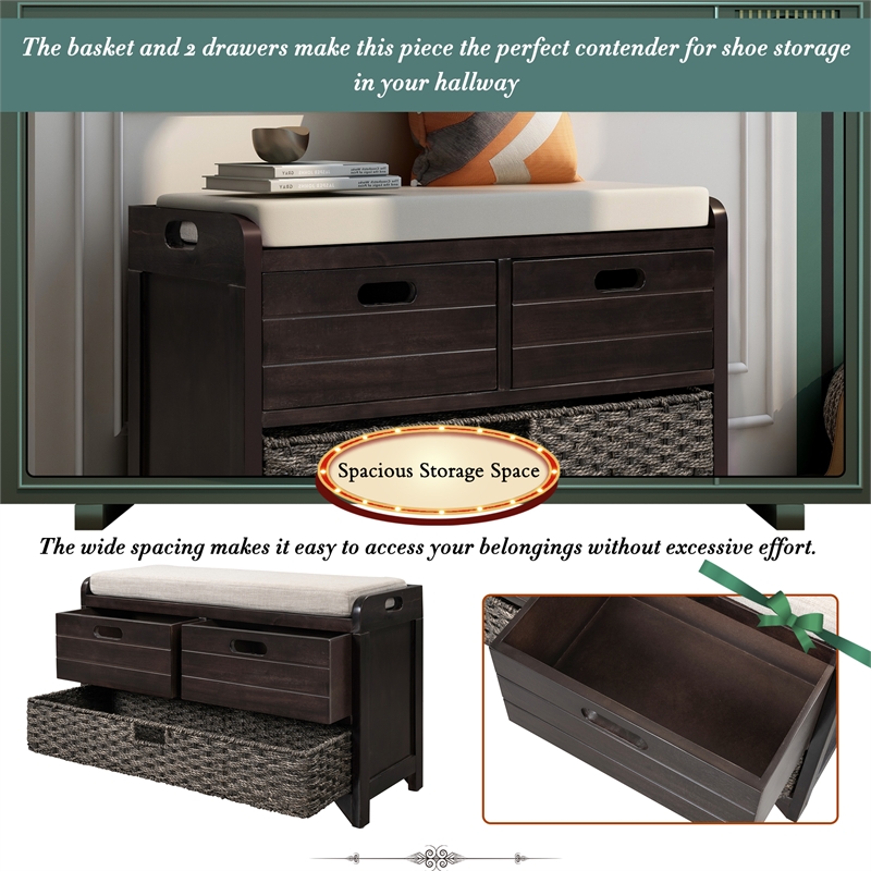 Direct Wicker TREXM 2-Drawer Storage Bench with Removable Basket - Espresso