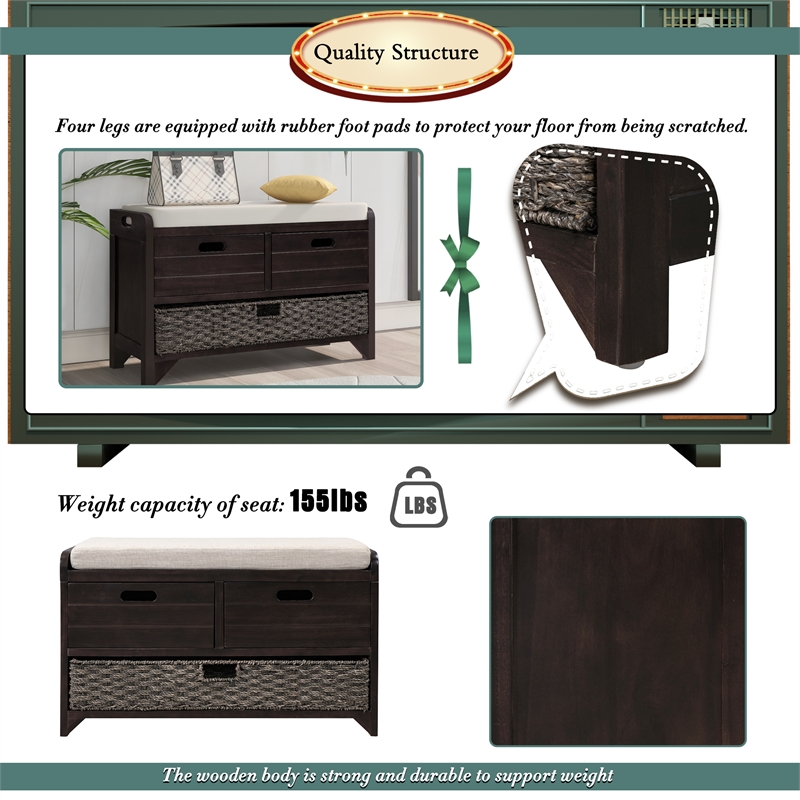 Direct Wicker TREXM 2-Drawer Storage Bench with Removable Basket - Espresso