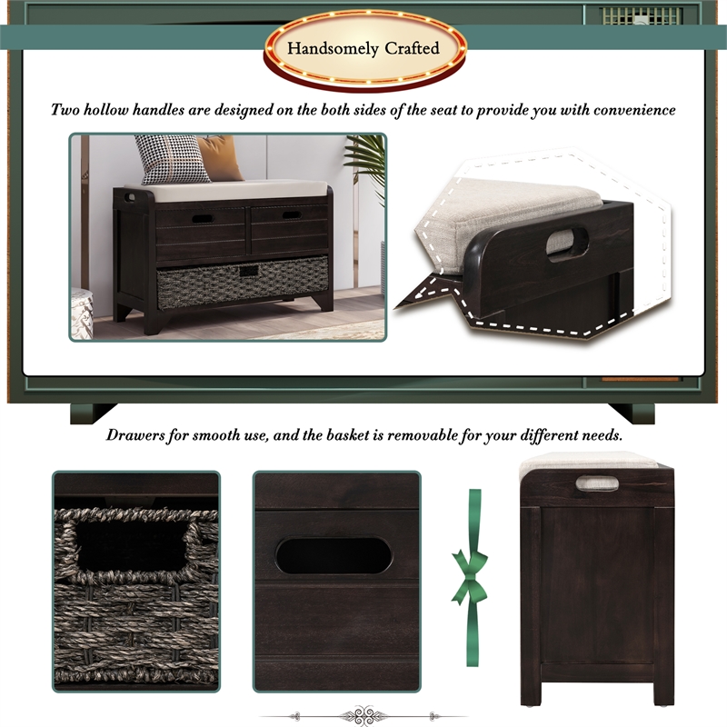 Direct Wicker TREXM 2-Drawer Storage Bench with Removable Basket - Espresso