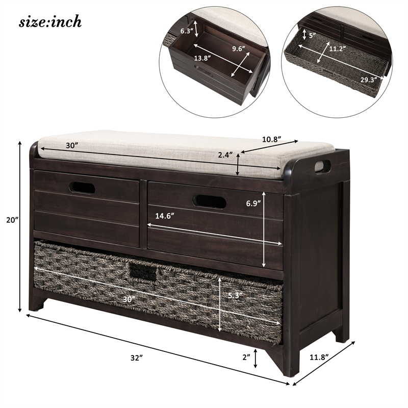 Direct Wicker TREXM 2-Drawer Storage Bench with Removable Basket - Espresso