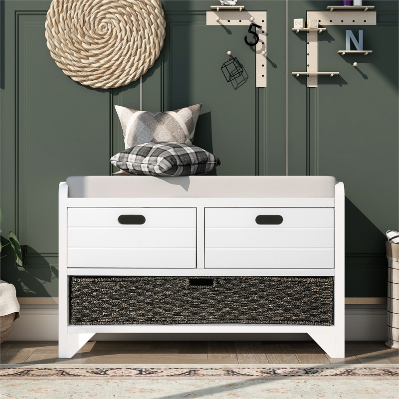 Direct Wicker TREXM 2-Drawer Storage Bench with Removable Basket - White