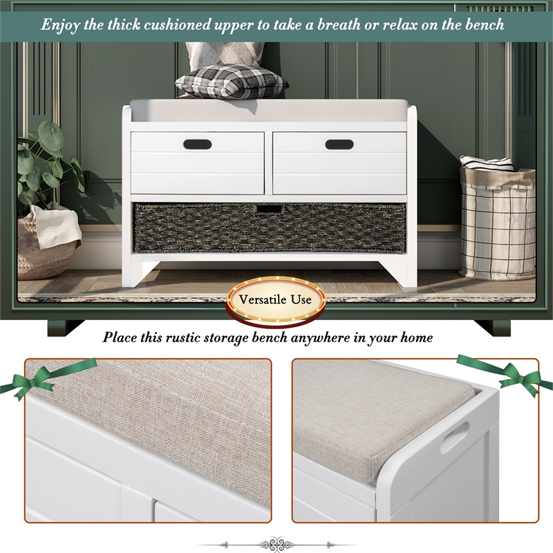 Direct Wicker TREXM 2-Drawer Storage Bench with Removable Basket - White