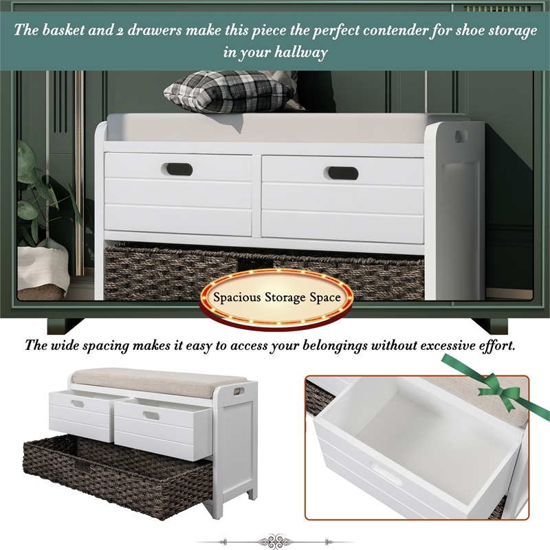 Direct Wicker TREXM 2-Drawer Storage Bench with Removable Basket - White