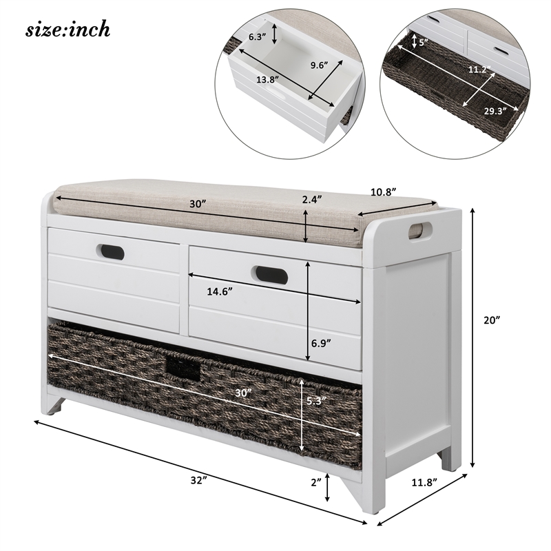 Direct Wicker TREXM 2-Drawer Storage Bench with Removable Basket - White