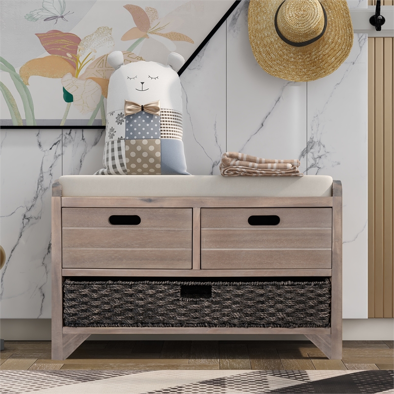 Direct Wicker TREXM 2-Drawer Storage Bench with Removable Basket - White Washed