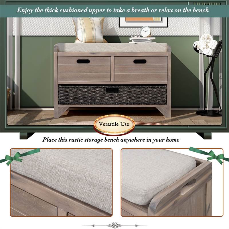 Direct Wicker TREXM 2-Drawer Storage Bench with Removable Basket - White Washed