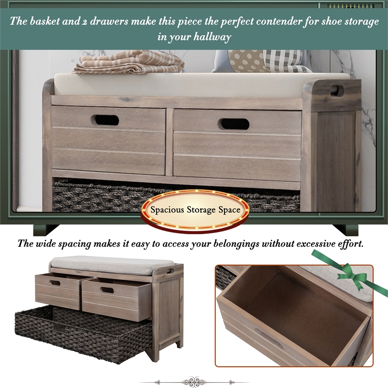 Direct Wicker TREXM 2-Drawer Storage Bench with Removable Basket - White Washed