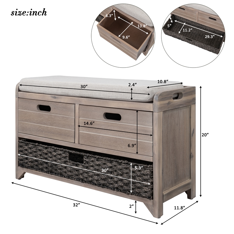 Direct Wicker TREXM 2-Drawer Storage Bench with Removable Basket - White Washed