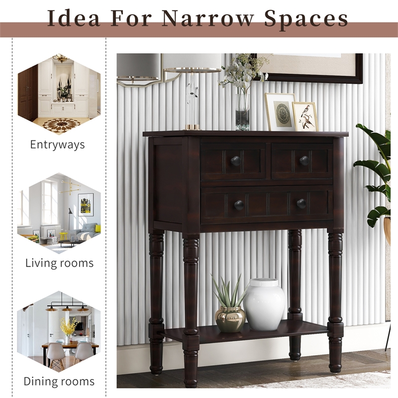 TREXM Narrow Console Table with Three Storage Drawers and Bottom Shelf-Espresso