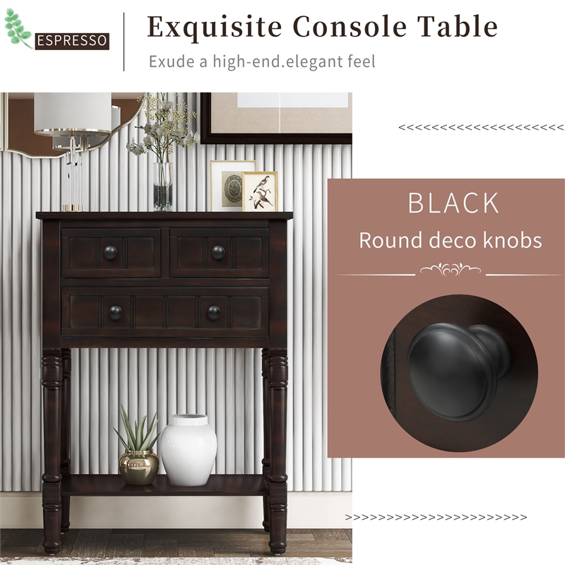 TREXM Narrow Console Table with Three Storage Drawers and Bottom Shelf-Espresso