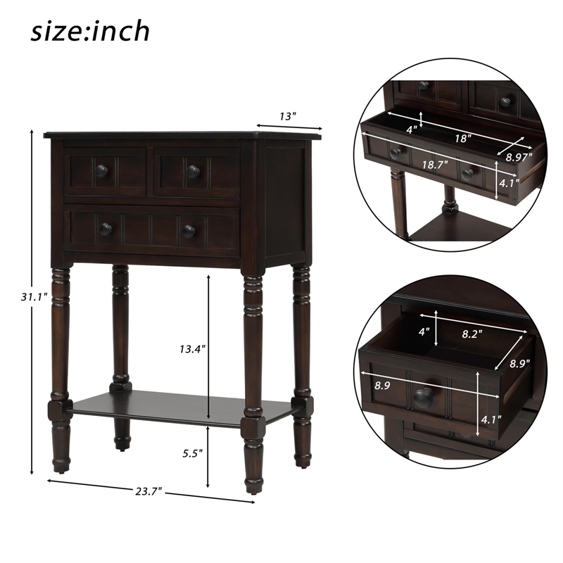 TREXM Narrow Console Table with Three Storage Drawers and Bottom Shelf-Espresso