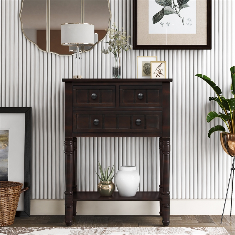 TREXM Narrow Console Table with Three Storage Drawers and Bottom Shelf-Espresso