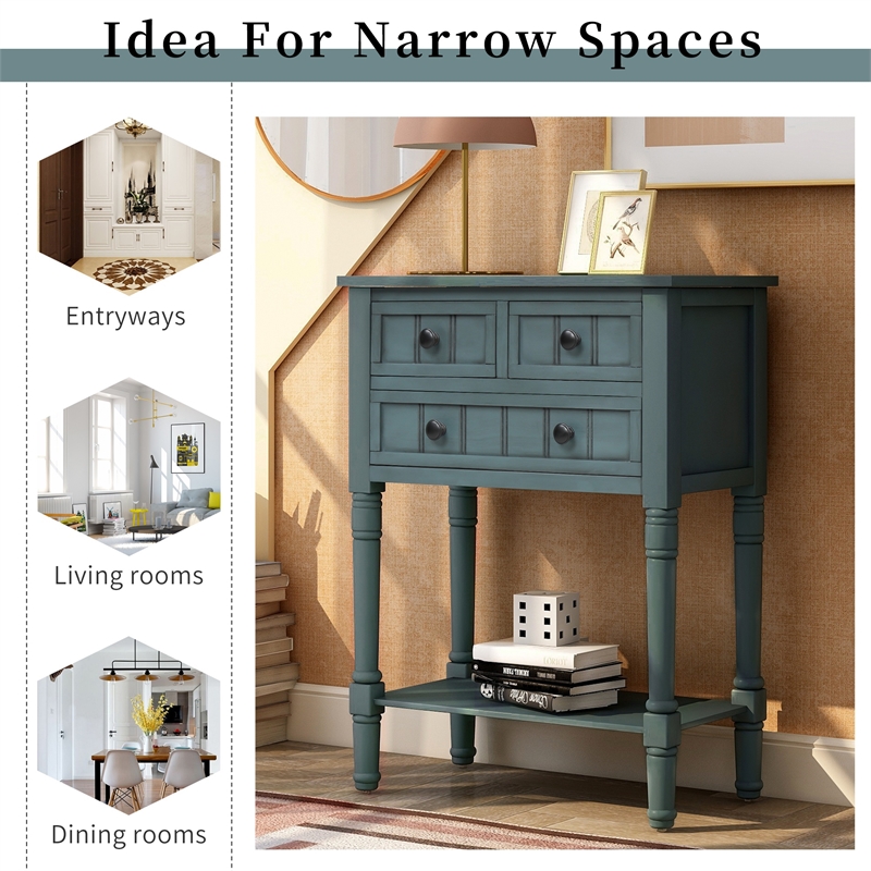 TREXM Narrow Storage Console Table with Three Drawers and Bottom Shelf - Navy