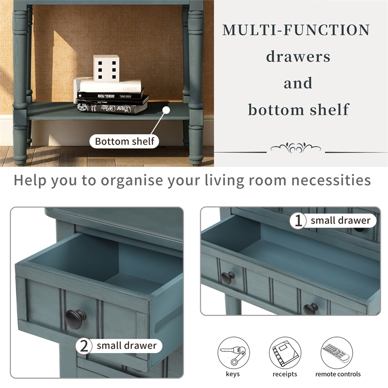 TREXM Narrow Storage Console Table with Three Drawers and Bottom Shelf - Navy