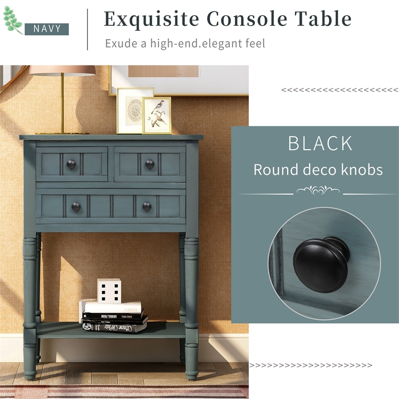 TREXM Narrow Storage Console Table with Three Drawers and Bottom Shelf - Navy