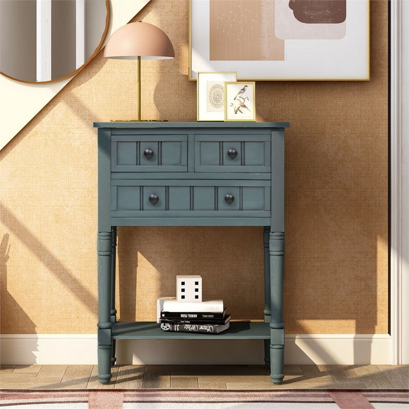 TREXM Narrow Storage Console Table with Three Drawers and Bottom Shelf - Navy