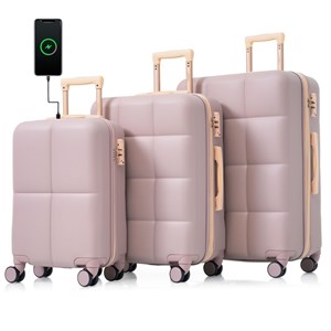 20&quot ABS Hard Shell Luggage 3 Piece Set with USB Port and Cup Holder (Rosy Brown)