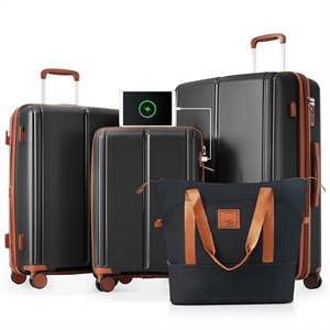 Luggage Sets 4 Piece PP Lightweight Suitcase with Travel Bag (Black and Brown)