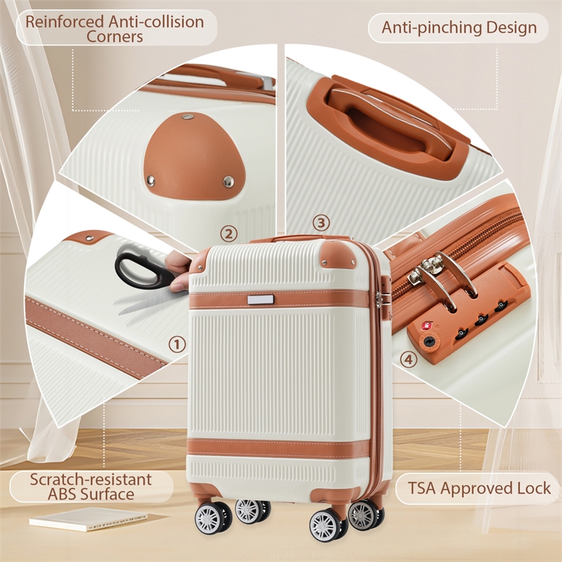 3 Piece Luggage Sets ABS Hardshell with TSA Lock and Double Spinner Wheels-White