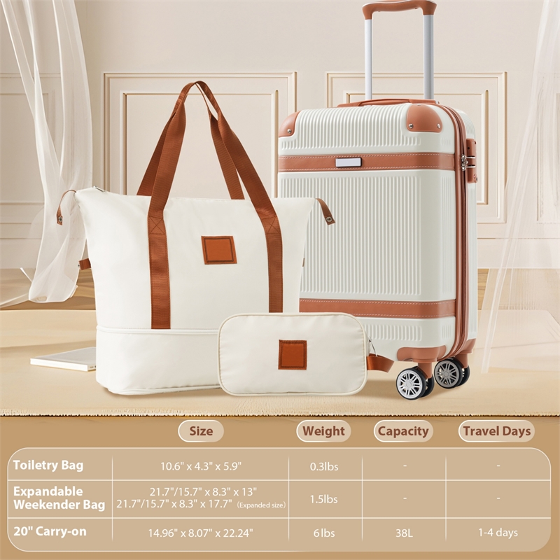 3 Piece Luggage Sets ABS Hardshell with TSA Lock and Double Spinner Wheels-White
