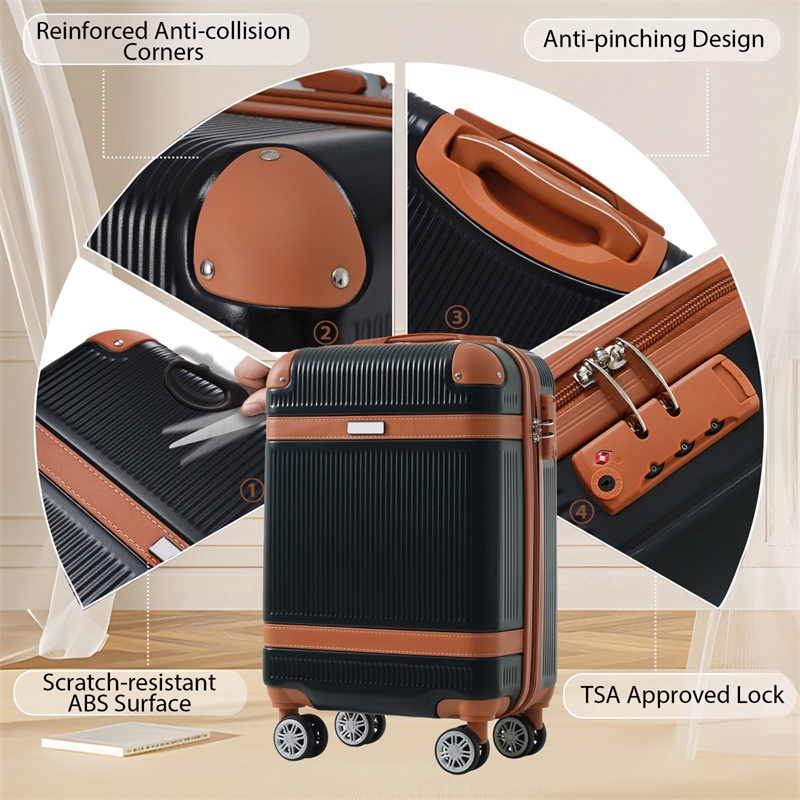 3 Piece Luggage Sets ABS Hardshell with TSA Lock and Double Spinner Wheels-Black